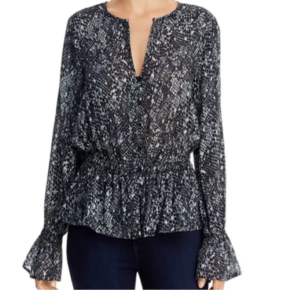Bella Dahl - Smocked Waist Button Down Blouse - Black / Grey Snake Print - Small - Picture 1 of 15